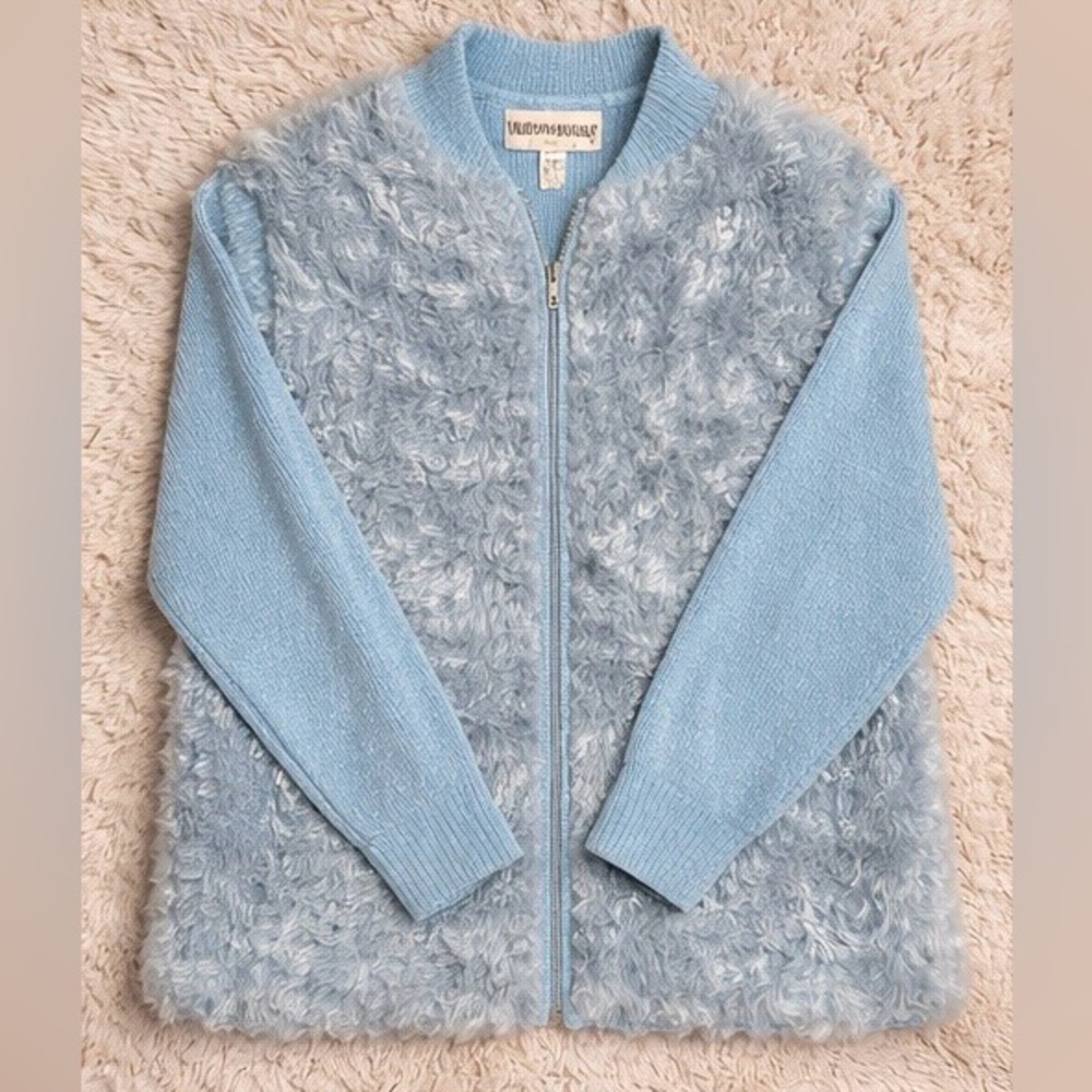 Vintage Havana Light Blue Faux Fur Zip Front Jacket